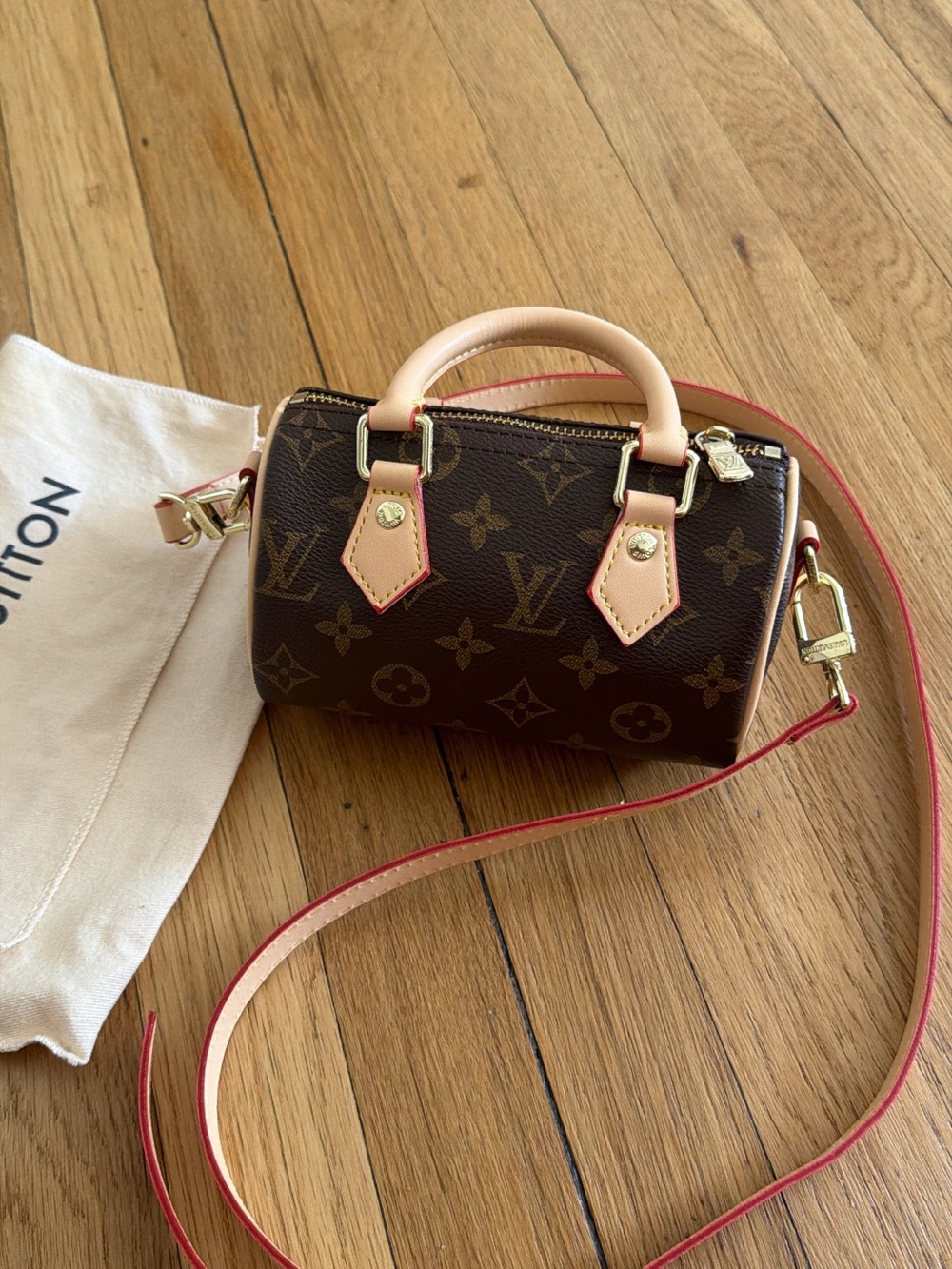 Louis Vuitton Nano Speedy Mini Monogram - Brown, Natural & Red Trim